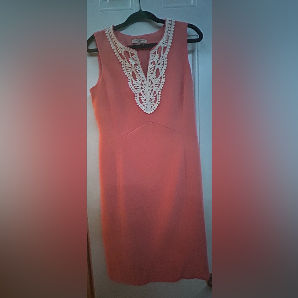 Sharagano Noir Womens Size 6 Pink Salmon Crochet Trim Sleeveless Shift Dress
